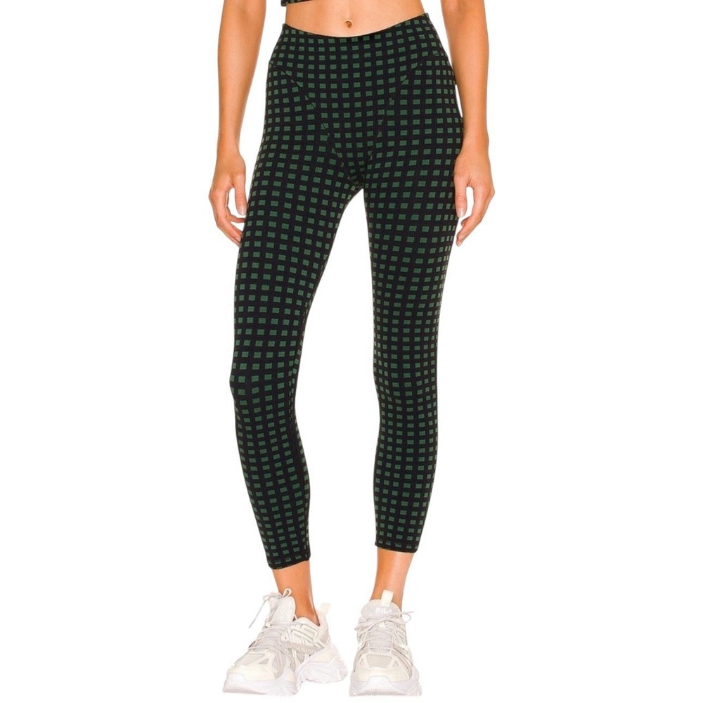 ADAM SELMAN SPORT FRENCH CUT BLACK GREEN JACQUARD GINGHAM LEGGINGS‎ SZ XS